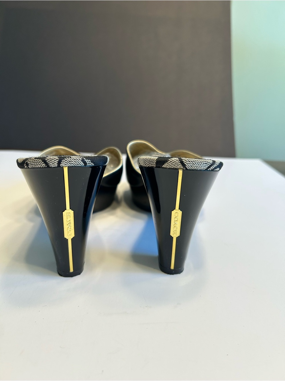 Coach Black Leather & Signature Monogram Slide Mules with Gold Script - Picture 3 of 4